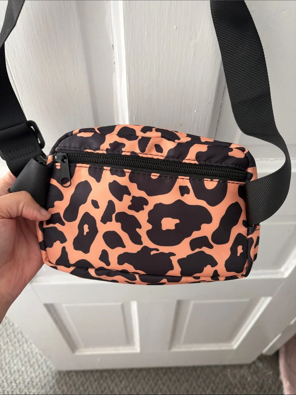 Peach Leopard Print Crossbody Bag - Black Accent